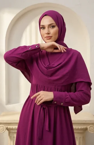 Robe Hijab Ceinturée Avec Cape 2291-06 Prune 2291-06