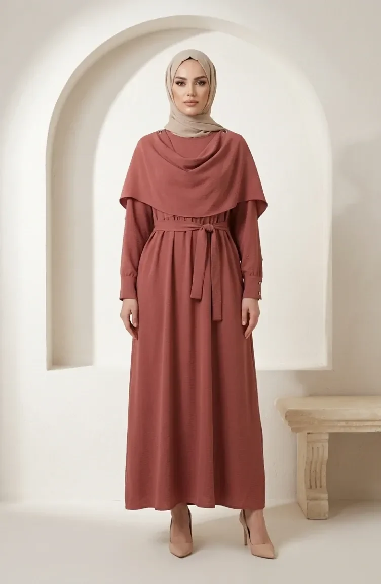 Robe Hijab Ceinturée Avec Cape 2291-07 Rose 2291-07