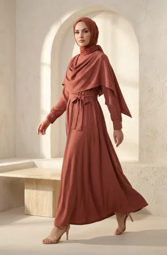 Robe Hijab Ceinturée Avec Cape 2291-07 Rose 2291-07