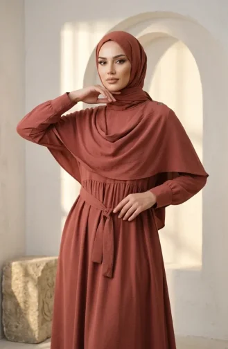 Robe Hijab Ceinturée Avec Cape 2291-07 Rose 2291-07