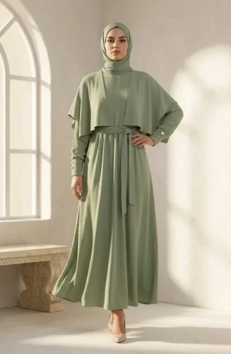 Robe Hijab Ceinturée Avec Cape 2291-08 Kaki 2291-08