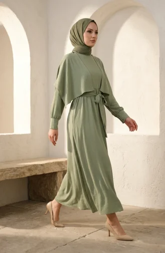Robe Hijab Ceinturée Avec Cape 2291-08 Kaki 2291-08