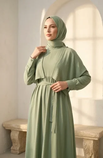 Robe Hijab Ceinturée Avec Cape 2291-08 Kaki 2291-08