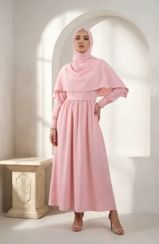 Robe Hijab Ceinturée à Cape 2291-09 Rose Poudré 2291-09