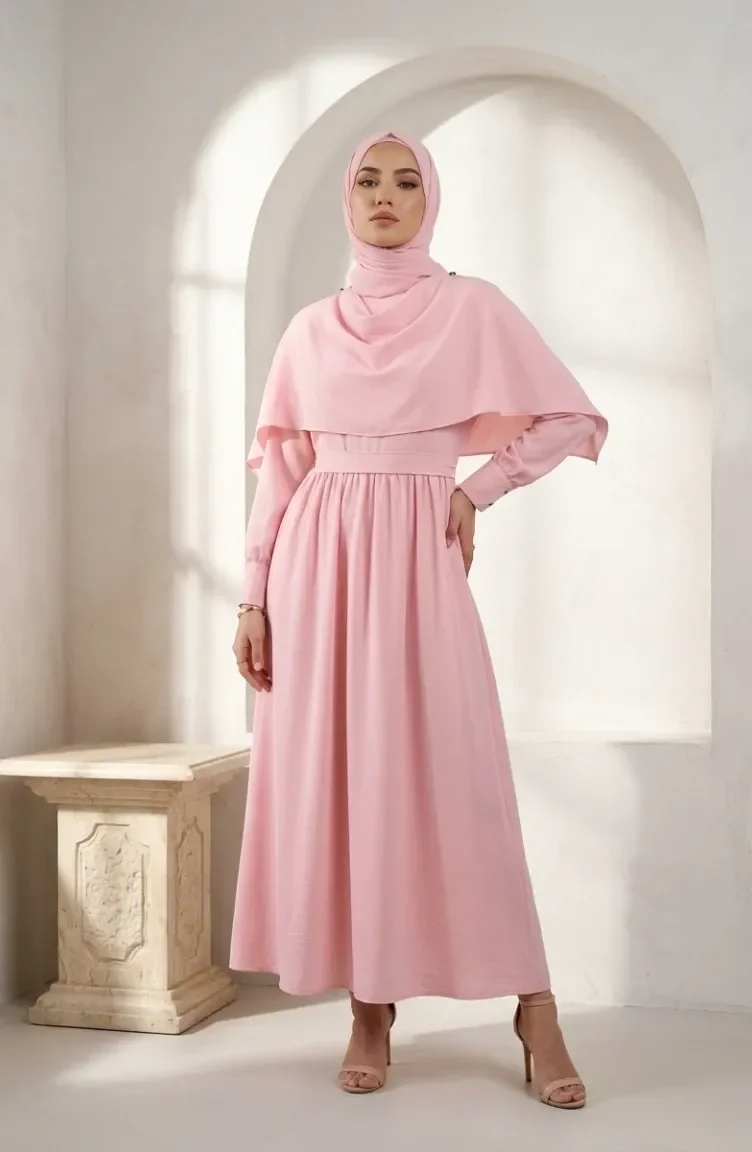 Robe Hijab Ceinturée à Cape 2291-09 Rose Poudré 2291-09
