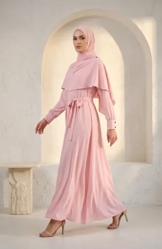 Robe Hijab Ceinturée à Cape 2291-09 Rose Poudré 2291-09