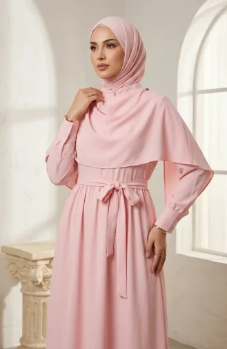 Robe Hijab Ceinturée à Cape 2291-09 Rose Poudré 2291-09