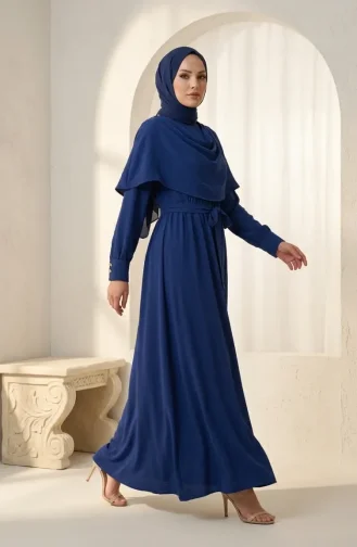 Robe Hijab Ceinturée Avec Cape 2291-10 Bleu Marine 2291-10