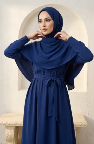 Robe Hijab Ceinturée Avec Cape 2291-10 Bleu Marine 2291-10