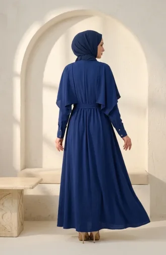 Robe Hijab Ceinturée Avec Cape 2291-10 Bleu Marine 2291-10