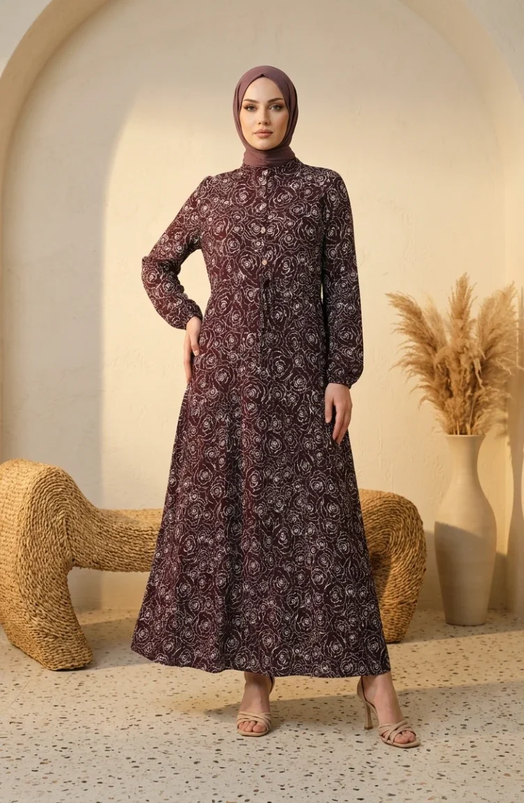 Robe Hijab En Viscose à Motif Rose 2292-01 Marron 2292-01