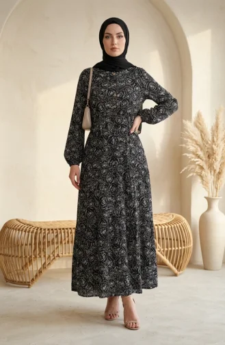 Viskose-Hijabkleid Mit Rosenmuster Modell 2292-02 Schwarz 2292-02