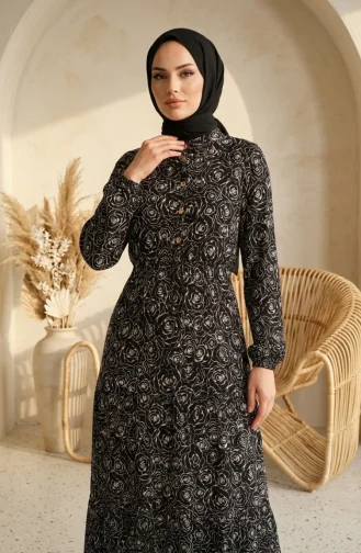 Viskose-Hijabkleid Mit Rosenmuster Modell 2292-02 Schwarz 2292-02