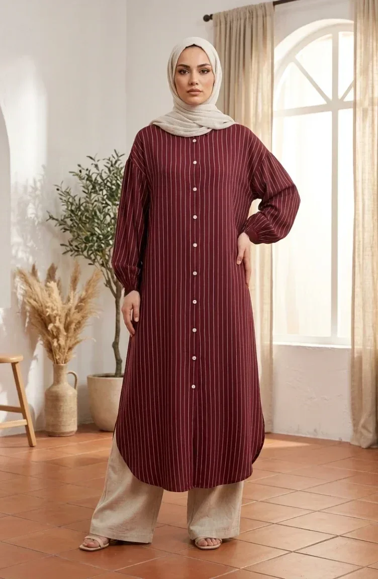Tunique Rayée Boutonnée En Mousseline 0342-03 Prune 0342-03