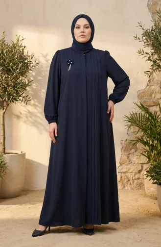 Plus Size Ribbed Detail Abaya 6373-04 Navy Blue 6373-04