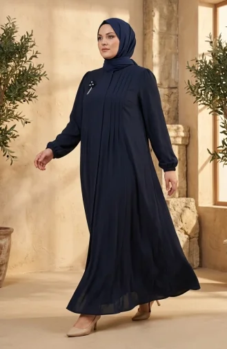 Plus Size Ribbed Detail Abaya 6373-04 Navy Blue 6373-04