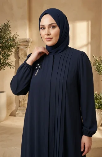 Plus Size Ribbed Detail Abaya 6373-04 Navy Blue 6373-04