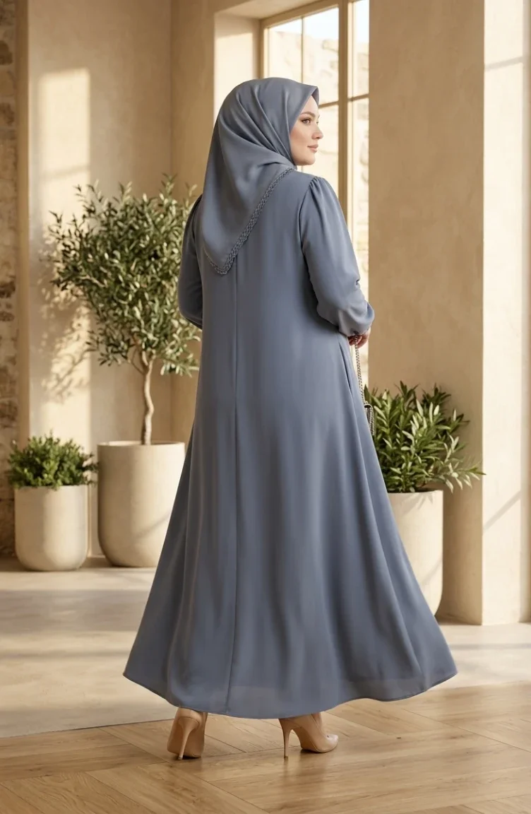 Plus Size Ribbed Detail Abaya 6373-05 Grey 6373-05