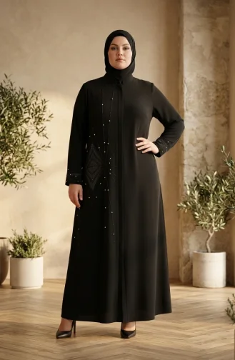 عباية سوداء مزينة بسحاب مخفي بمقاسات كبيرة 6388-01 6388-01