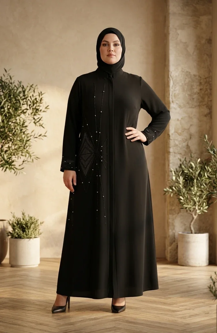 عباية سوداء مزينة بسحاب مخفي بمقاسات كبيرة 6388-01 6388-01
