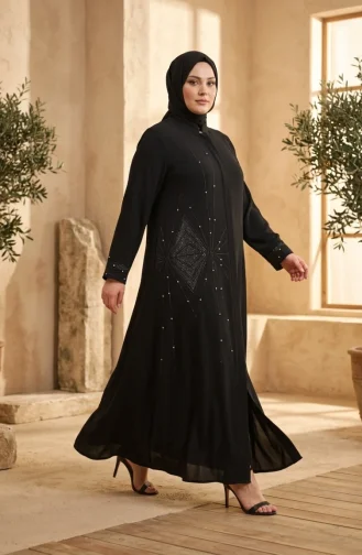 عباية سوداء مزينة بسحاب مخفي بمقاسات كبيرة 6388-01 6388-01