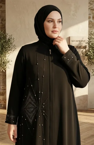 عباية سوداء مزينة بسحاب مخفي بمقاسات كبيرة 6388-01 6388-01