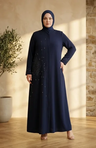 Abaya Grande Taille à Fermeture éclair Invisible Ornée Réf. 6388-04 Bleu Marine 6388-04