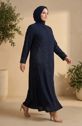 Abaya Grande Taille à Fermeture éclair Invisible Ornée Réf. 6388-04 Bleu Marine 6388-04