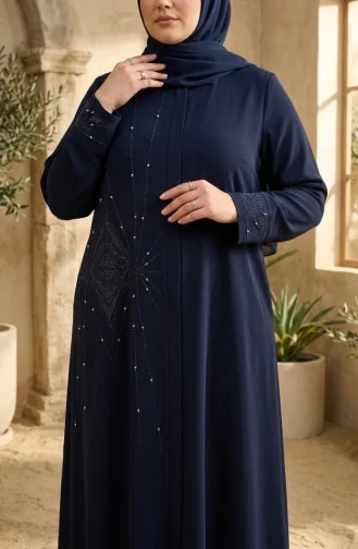 Abaya Grande Taille à Fermeture éclair Invisible Ornée Réf. 6388-04 Bleu Marine 6388-04