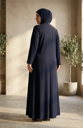 Abaya Grande Taille à Fermeture éclair Invisible Ornée Réf. 6388-04 Bleu Marine 6388-04