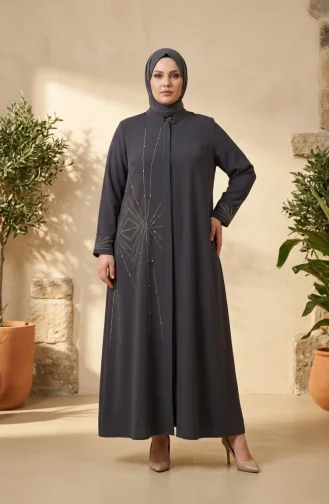 Plus Size Hidden Zipper Embellished Abaya 6388-05 Smoke Grey 6388-05