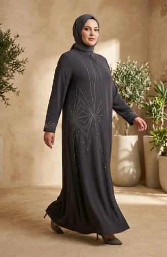 Plus Size Hidden Zipper Embellished Abaya 6388-05 Smoke Grey 6388-05