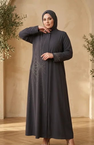 Plus Size Hidden Zipper Embellished Abaya 6388-05 Smoke Grey 6388-05