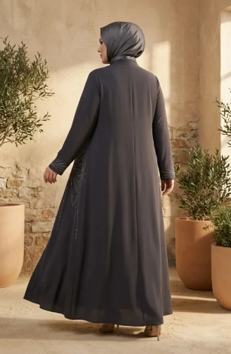 Plus Size Hidden Zipper Embellished Abaya 6388-05 Smoke Grey 6388-05