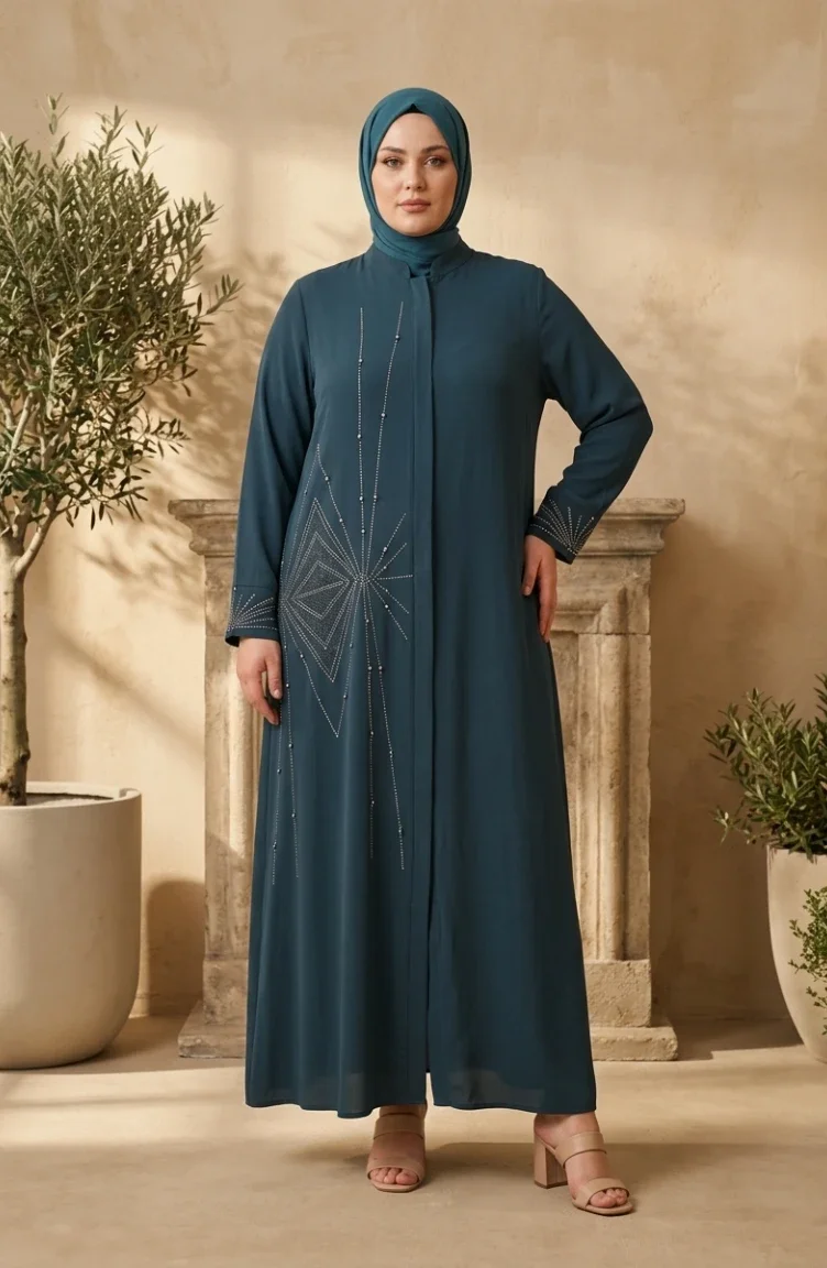 Plus Size Hidden Zipper Embellished Abaya 6388-06 Emerald Green 6388-06