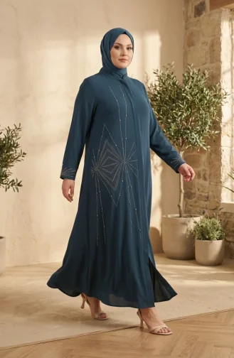 Plus Size Hidden Zipper Embellished Abaya 6388-06 Emerald Green 6388-06