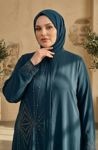 Plus Size Hidden Zipper Embellished Abaya 6388-06 Emerald Green 6388-06