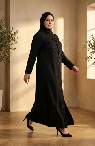 Robe De Soirée Hijab Ornée Grande Taille 6356-01 Noir 6356-01