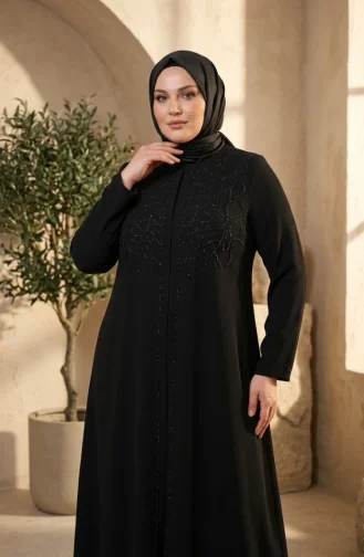 Robe De Soirée Hijab Ornée Grande Taille 6356-01 Noir 6356-01