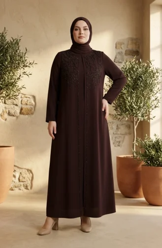 Robe De Soirée Grande Taille Avec Hijab Orné Marron 6356-02 6356-02