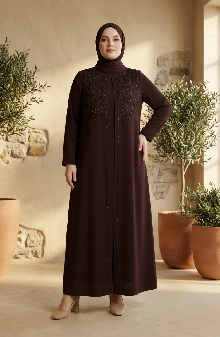 Robe De Soirée Grande Taille Avec Hijab Orné Marron 6356-02 6356-02