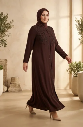 Robe De Soirée Grande Taille Avec Hijab Orné Marron 6356-02 6356-02