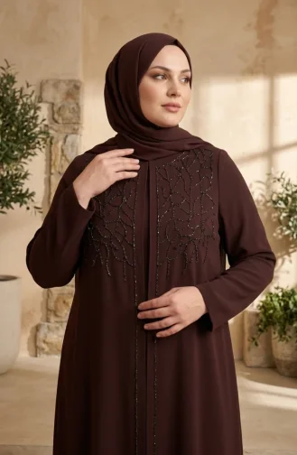Robe De Soirée Grande Taille Avec Hijab Orné Marron 6356-02 6356-02