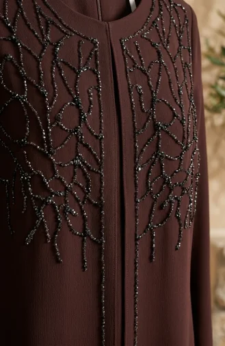 Robe De Soirée Grande Taille Avec Hijab Orné Marron 6356-02 6356-02
