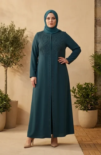Robe De Soirée Grande Taille Avec Hijab Orné Vert émeraude 6356-03 6356-03