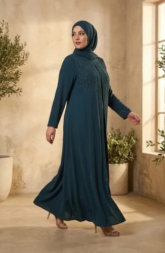 Robe De Soirée Grande Taille Avec Hijab Orné Vert émeraude 6356-03 6356-03