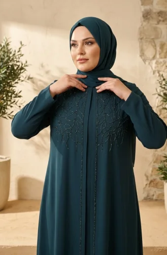 Robe De Soirée Grande Taille Avec Hijab Orné Vert émeraude 6356-03 6356-03