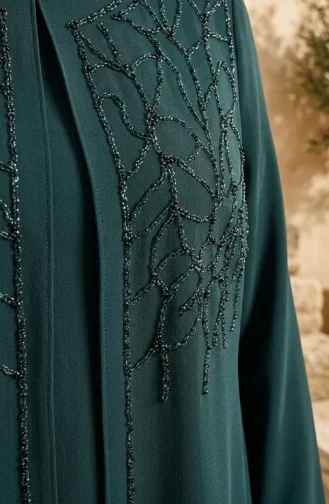 Robe De Soirée Grande Taille Avec Hijab Orné Vert émeraude 6356-03 6356-03