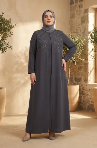 Robe De Soirée Hijab Ornée Grande Taille 6356-05 Gris Foncé 6356-05