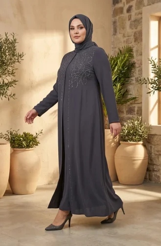 Robe De Soirée Hijab Ornée Grande Taille 6356-05 Gris Foncé 6356-05